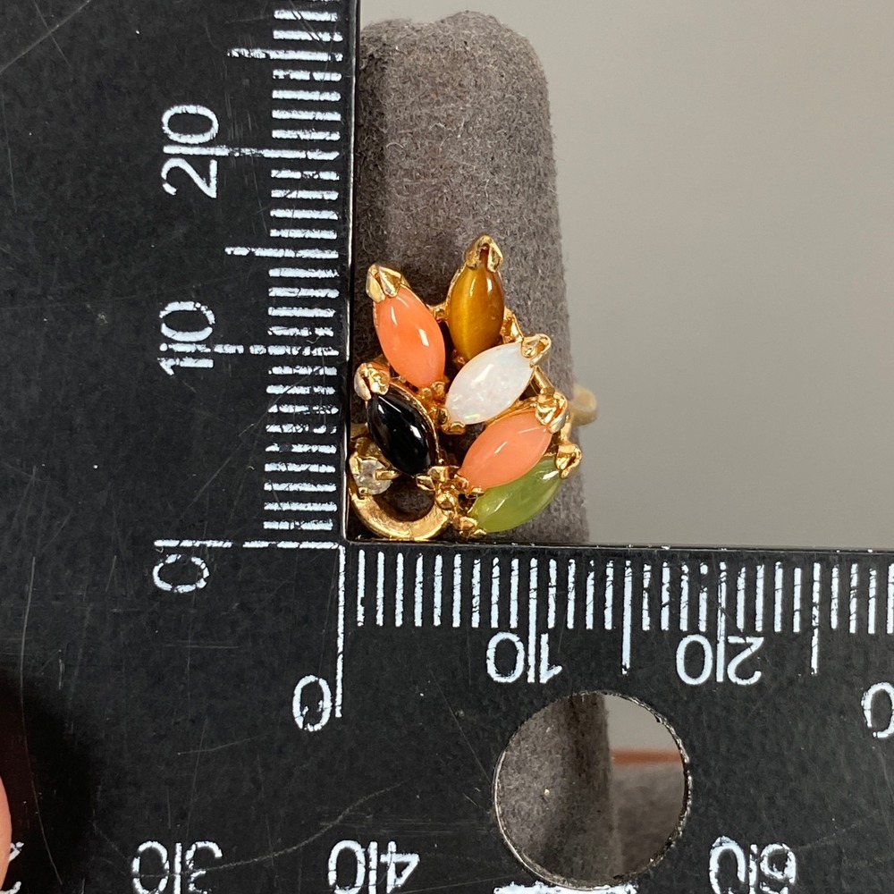 Vintage Gold Tone Multi Stone Cluster Ring Jade Tiger Eye Onyx Opal Sz 4.25 - Picture 10 of 14